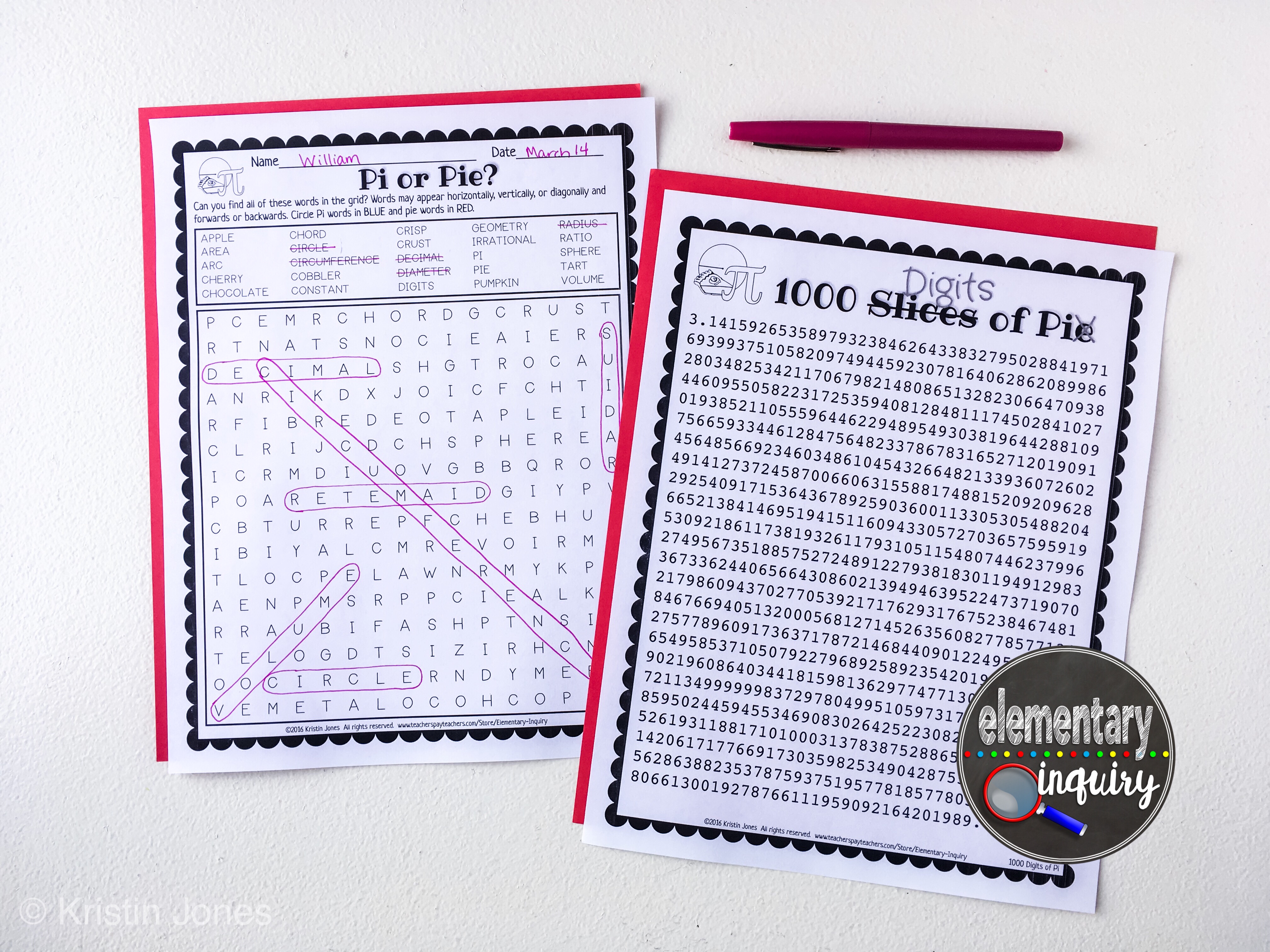 Free Pi Day activities and word search
